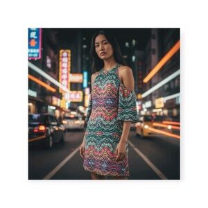 new Alice & Trixie ᪣ Kyra Print Silk Cold Shoulder Dress ᪣ Vibrant Gem Print ᪣ S